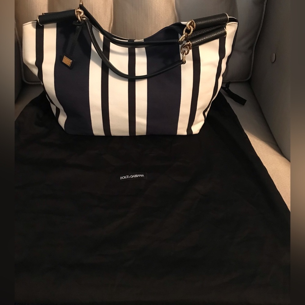 Dolce & Gabbana canvas & leather blue striped Tote Made in Italy Large